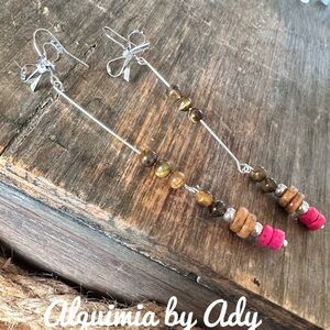 Long Beaded Earrings with Pink and Brown Accents Tiger eye